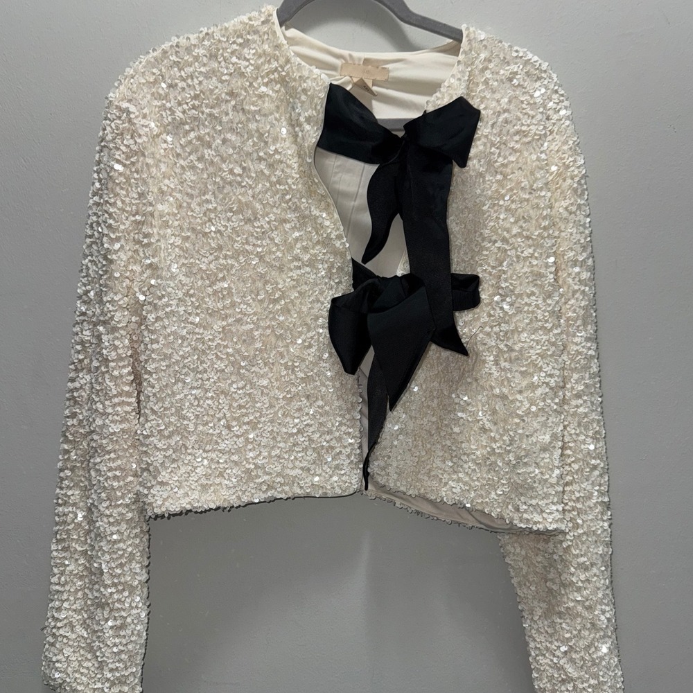 H&M Limited Edition Holidays 23 Sequin Bow Tie Cropped Jacket Womens L White